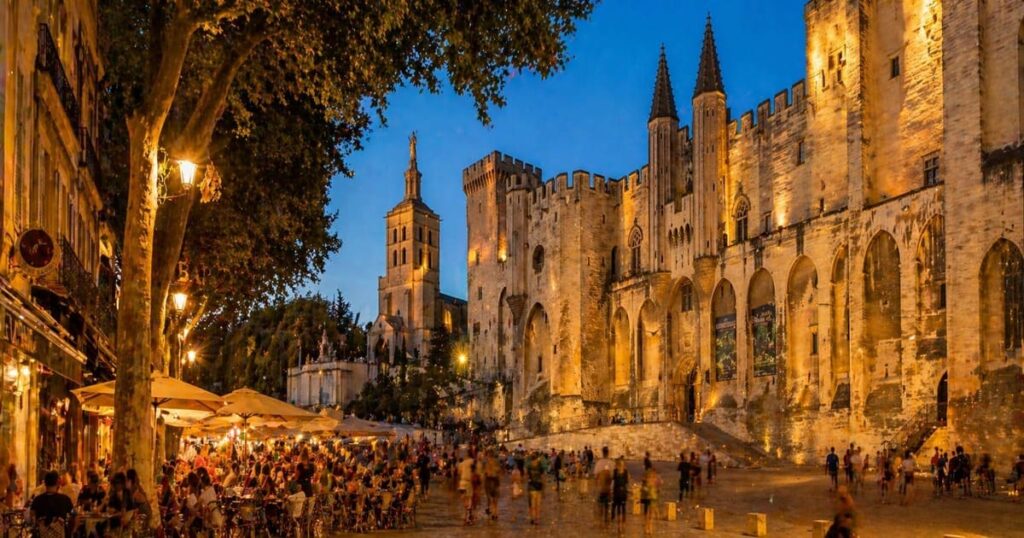 "Avignon 2026 — Palais des Papes et place animée, festival et patrimoine UNESCO"