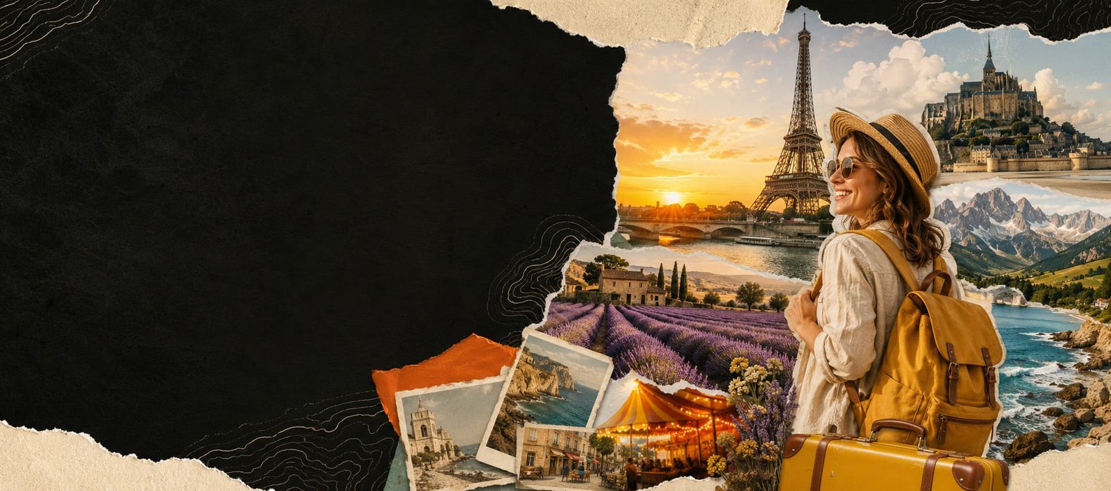 Voyageuse découvrant plusieurs paysages et monuments de France