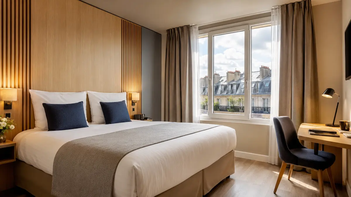 Chambre d’hôtel moderne et lumineuse donnant sur les toits d’une ville française