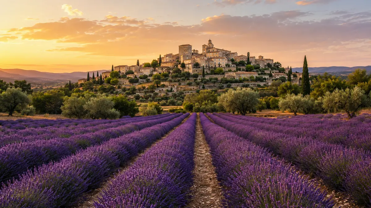 Champs de lavande et village perché en Provence