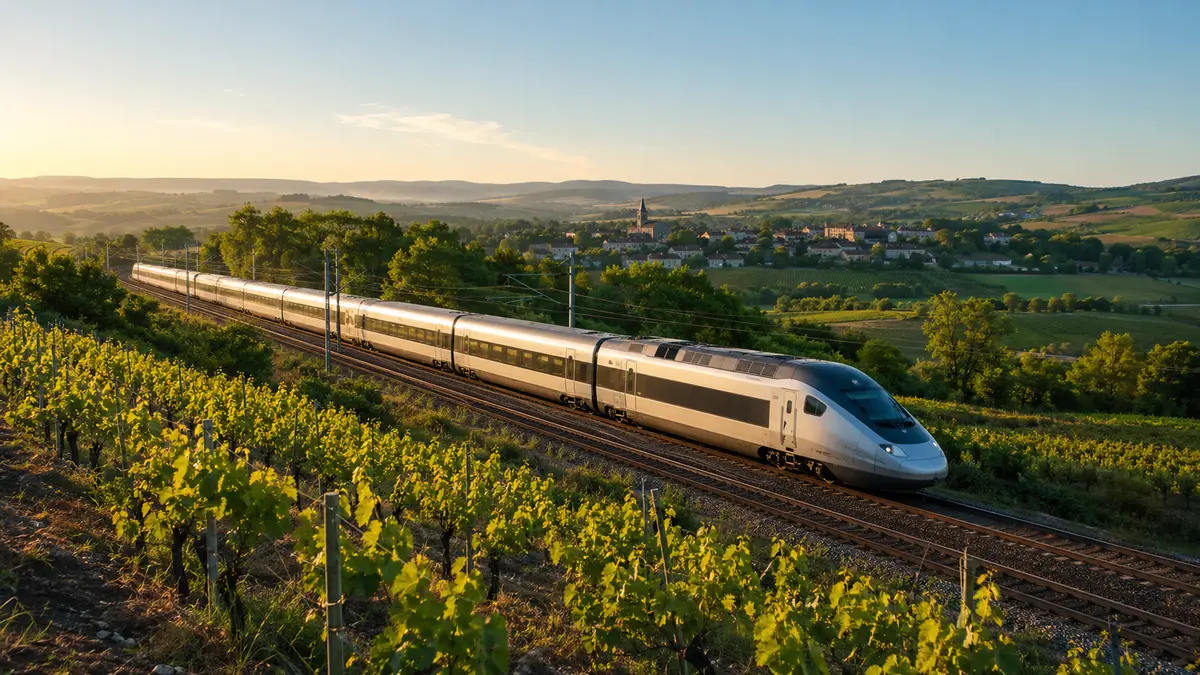 Train à grande vitesse traversant les vignobles et la campagne française
