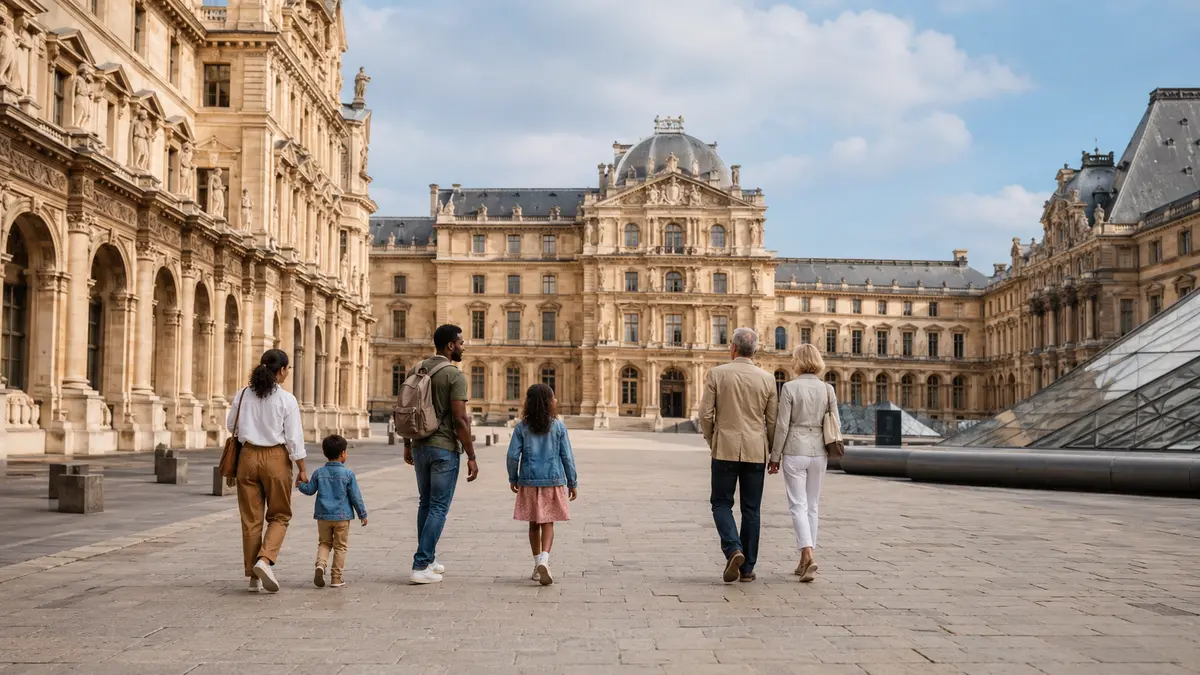 Famille et couple découvrant un monument culturel français