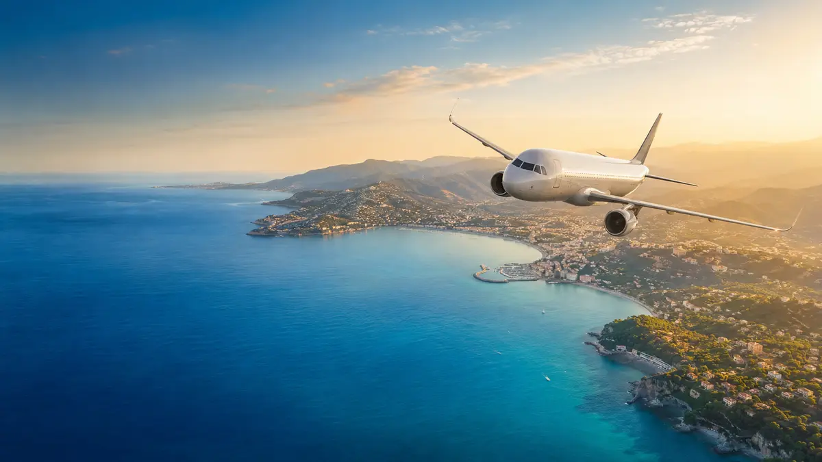 Avion de ligne survolant une destination ensoleillée de la Côte d’Azur