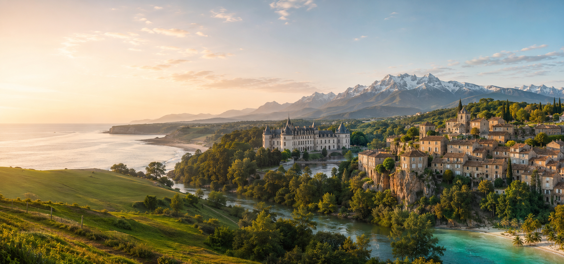 Panorama des paysages et régions françaises entre littoral, château, village et montagnes