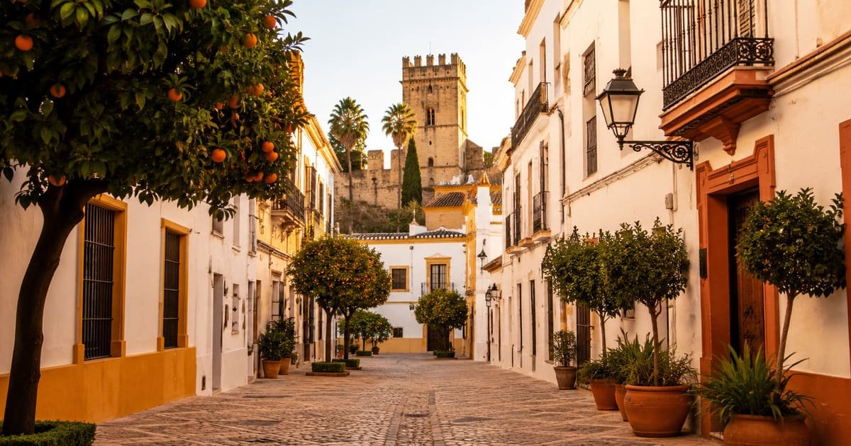Rue blanche bordée d’orangers en Andalousie, Espagne