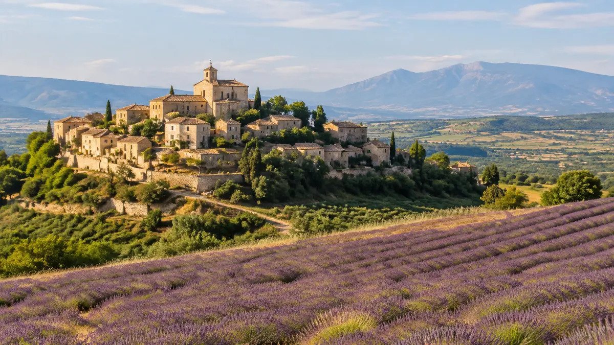 Village perché et champs de lavande en Provence, France