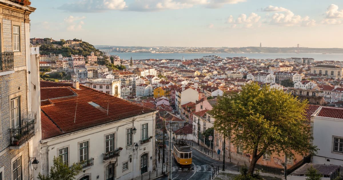 Toits colorés, tramway et Tage à Lisbonne, Portugal