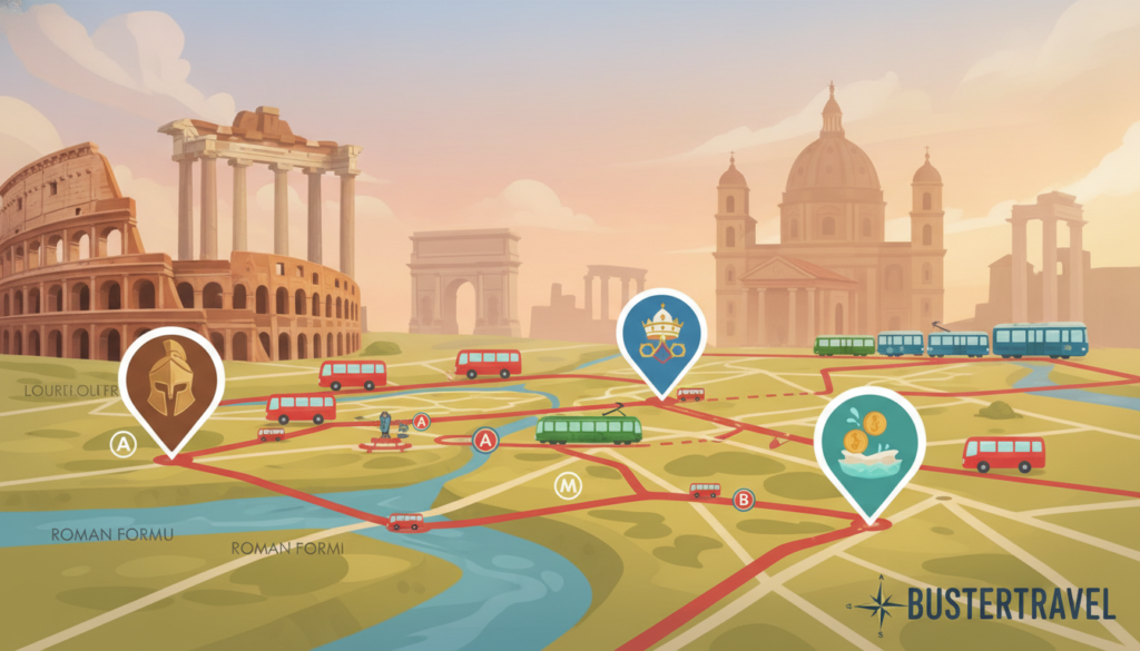 Carte des principaux déplacements entre les quartiers de Rome