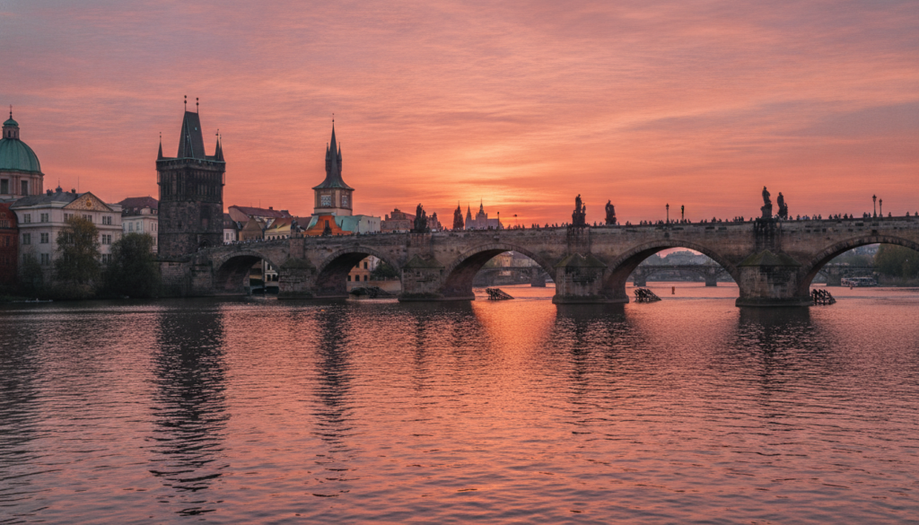Pont Charles et château de Prague au coucher du soleil