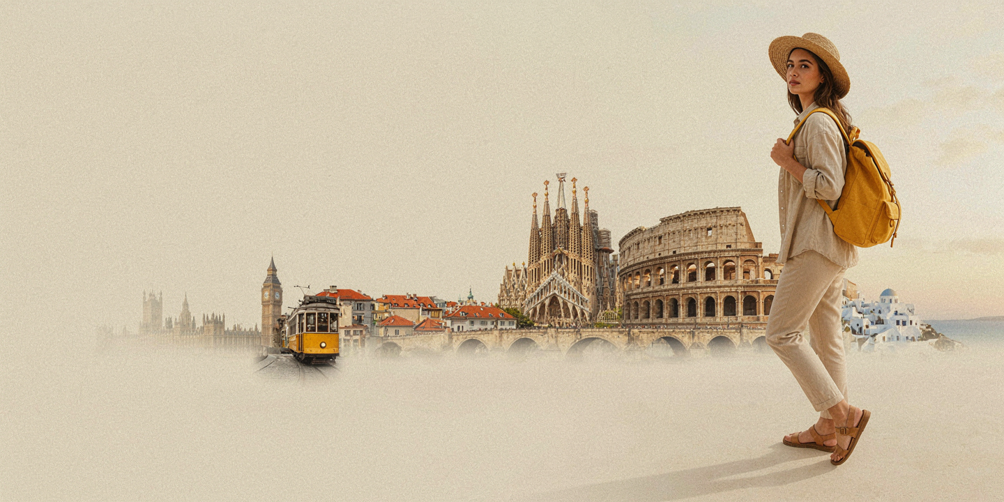 Voyageuse devant les grands monuments d’Europe : Big Ben, tramway de Lisbonne, Sagrada Família, Colisée et Santorin