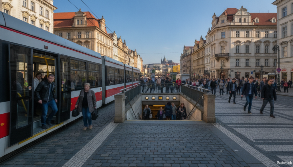 Tramway et transports publics dans une rue de Prague