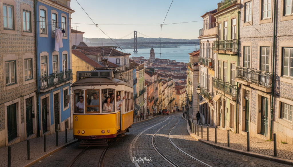Tramway jaune et transports publics dans les rues de Lisbonne